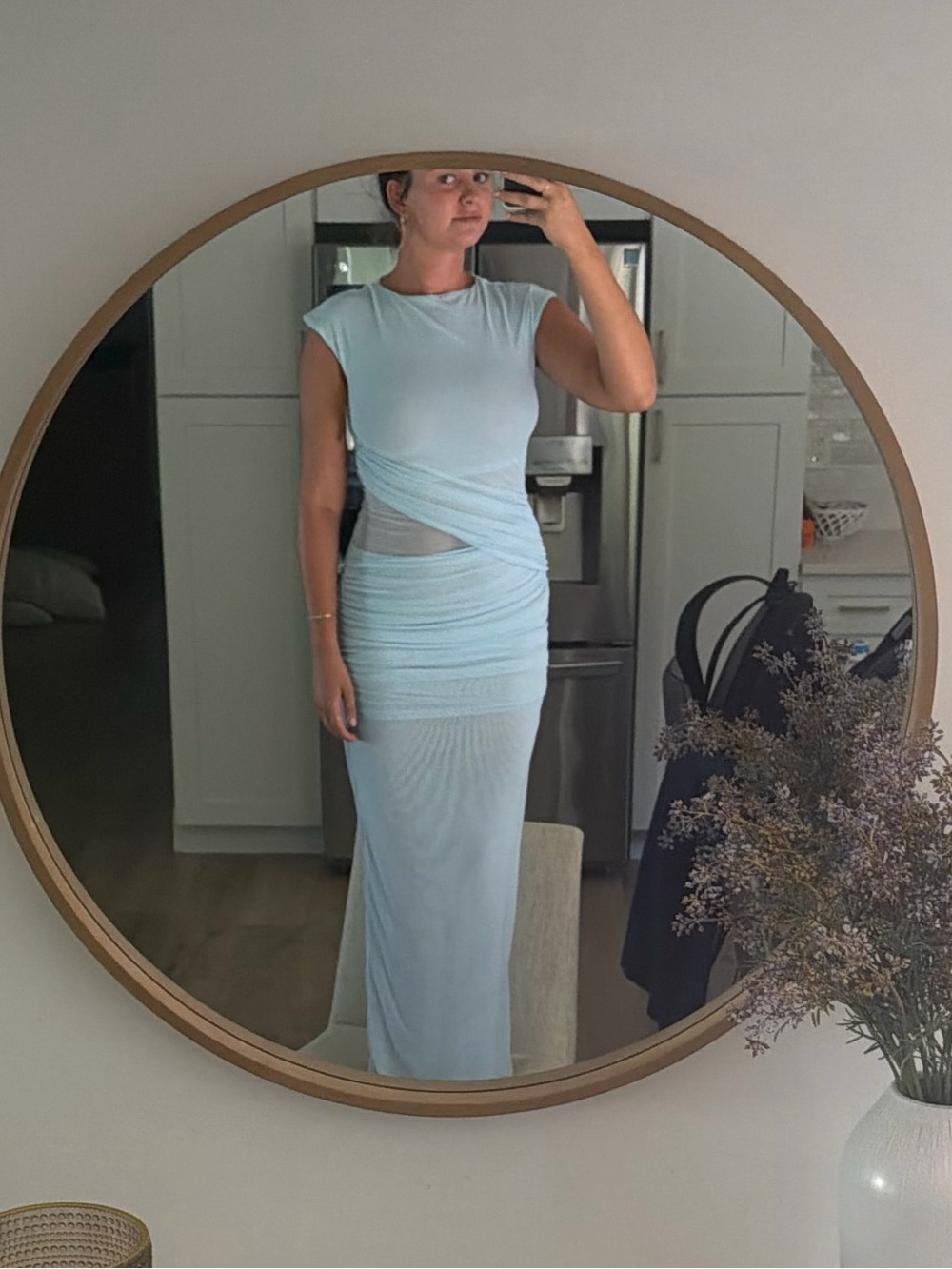 SNDYS REVOLVE Cap-Sleeve Ice Blue Maxi Dress with Ruched Side Detail - Picture 5 of 5